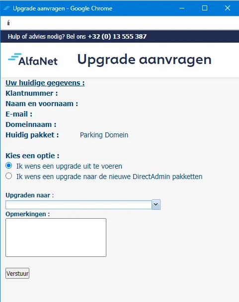 Upgrade bevestigen in Mijn AlfaHosting