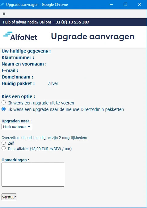 Upgrade bevestigen in Mijn AlfaHosting