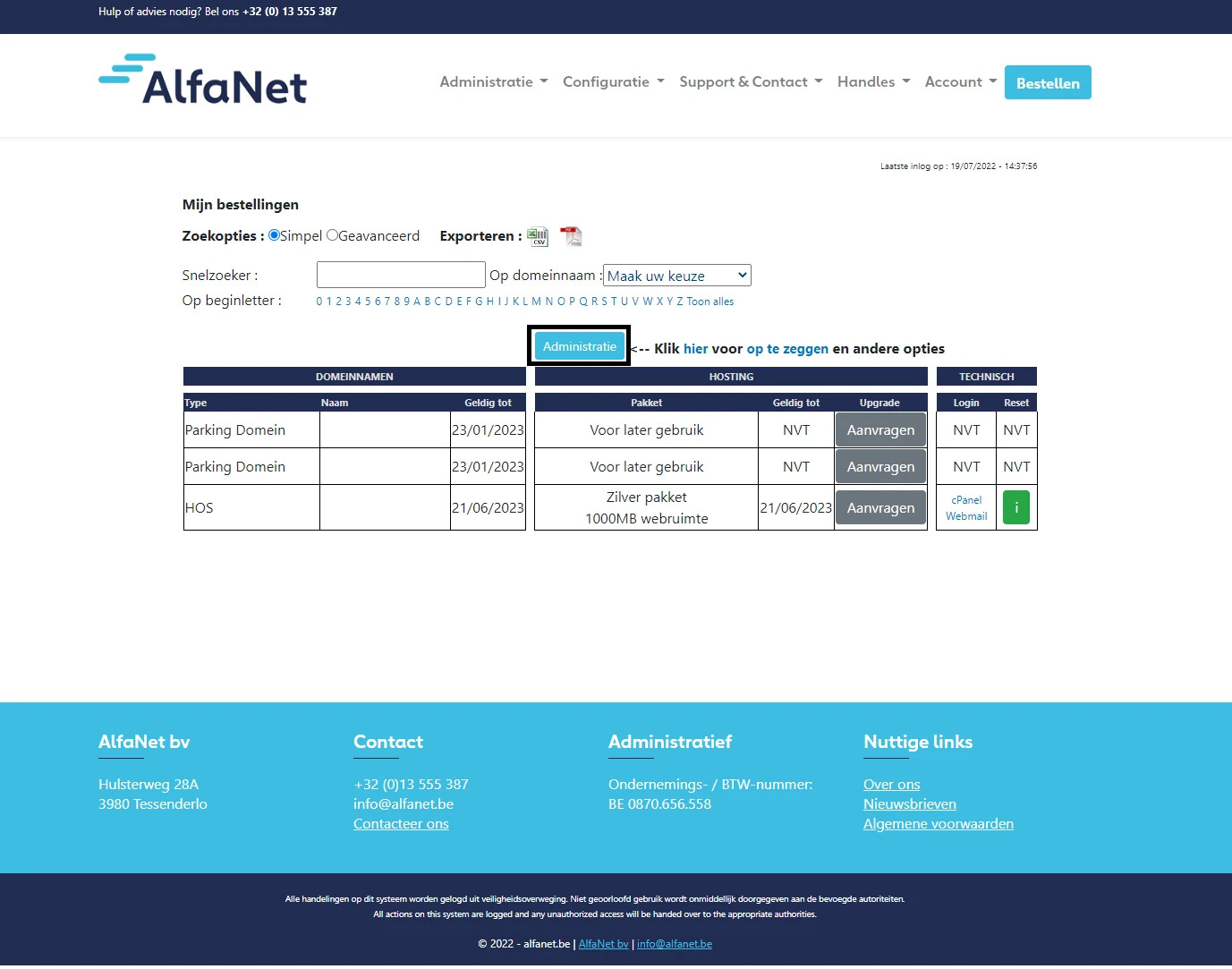 Administratieve opties in Mijn AlfaHosting